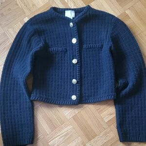 Chic H&M Black Textured Knit Cardigan Sweater Crest Button Details